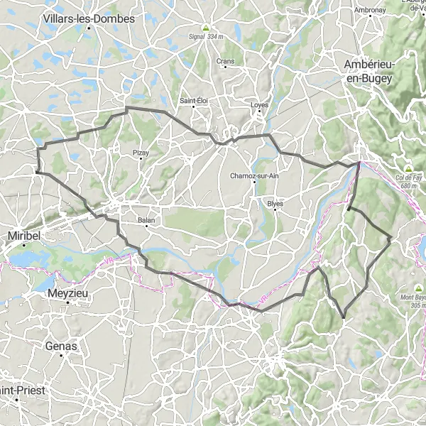 Miniatura mapy "Długa trasa rowerowa przez Le Montellier, Chazey-sur-Ain, Parmilieu, Vernas, La Boisse do Poype du Châtel" - trasy rowerowej w Rhône-Alpes, France. Wygenerowane przez planer tras rowerowych Tarmacs.app