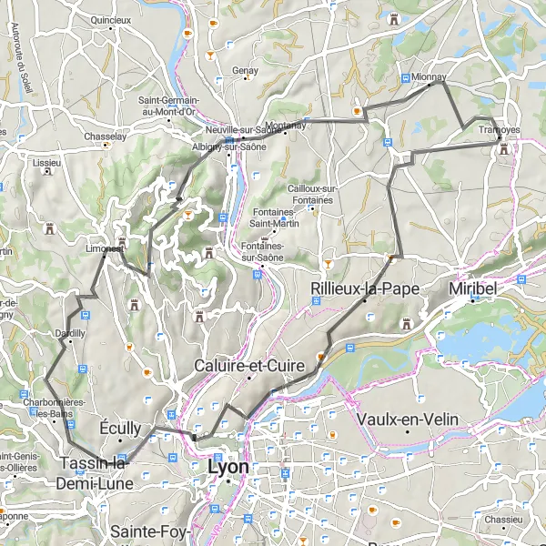 Miniatua del mapa de inspiración ciclista "Recorrido en bicicleta de carretera a Mionnay" en Rhône-Alpes, France. Generado por Tarmacs.app planificador de rutas ciclistas