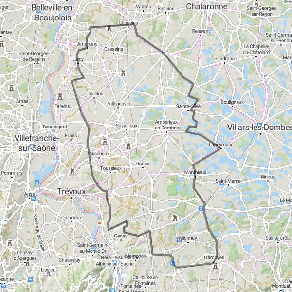 Miniatuurkaart van de fietsinspiratie "82 km Road Route Tramoyes" in Rhône-Alpes, France. Gemaakt door de Tarmacs.app fietsrouteplanner