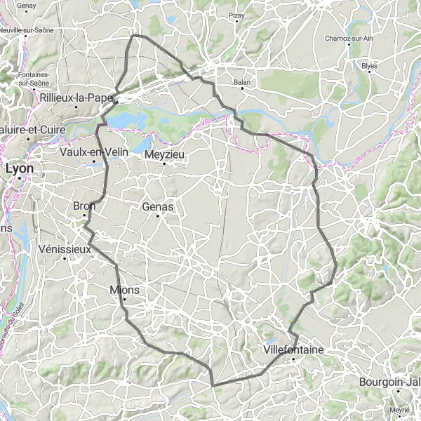 Miniatua del mapa de inspiración ciclista "Ruta de Ciclismo de Carretera Tramoyes - Miribel - La Boisse" en Rhône-Alpes, France. Generado por Tarmacs.app planificador de rutas ciclistas
