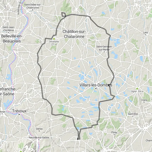 Miniaturní mapa "Výlet po silnici kolem Saint-Jean-de-Thurigneux" inspirace pro cyklisty v oblasti Rhône-Alpes, France. Vytvořeno pomocí plánovače tras Tarmacs.app