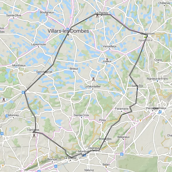 Miniaturní mapa "Cestování po silnici kolem Saint-André-de-Corcy" inspirace pro cyklisty v oblasti Rhône-Alpes, France. Vytvořeno pomocí plánovače tras Tarmacs.app