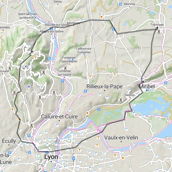 Miniature de la carte de l'inspiration cycliste "Parcours urbain à Villeurbanne" dans la Rhône-Alpes, France. Générée par le planificateur d'itinéraire cycliste Tarmacs.app