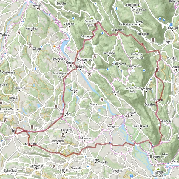 Karttaminiaatyyri "Seikkailu gravel-teillä Rhône-Alpesin maaseudulla" pyöräilyinspiraatiosta alueella Rhône-Alpes, France. Luotu Tarmacs.app pyöräilyreittisuunnittelijalla