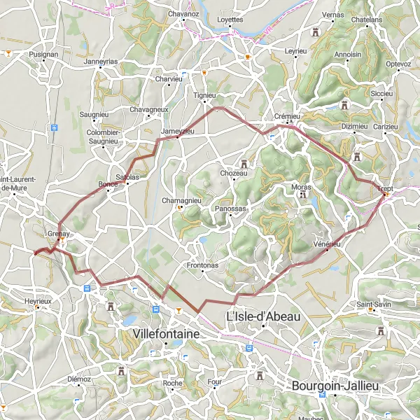 Miniatura della mappa di ispirazione al ciclismo "Gravel di Vénérieu - Les Roches" nella regione di Rhône-Alpes, France. Generata da Tarmacs.app, pianificatore di rotte ciclistiche