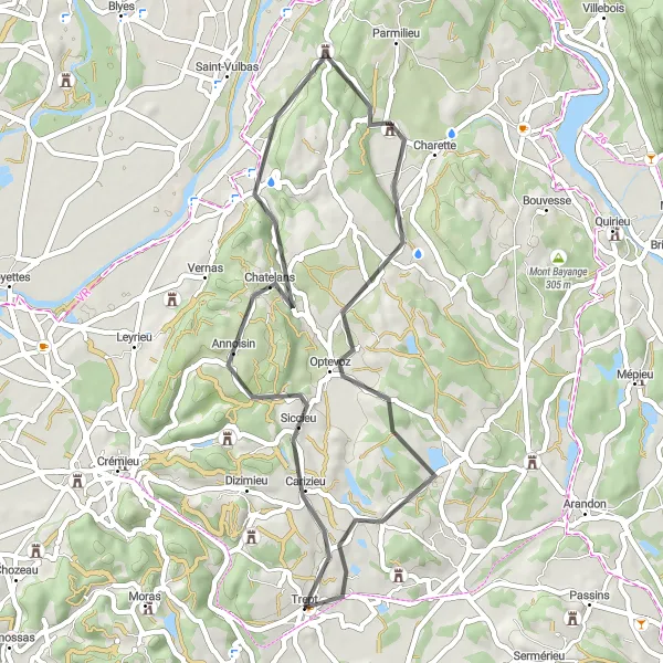 Zemljevid v pomanjšavi "Cestna Pot skozi Rhône-Alpes" kolesarske inspiracije v Rhône-Alpes, France. Generirano z načrtovalcem kolesarskih poti Tarmacs.app