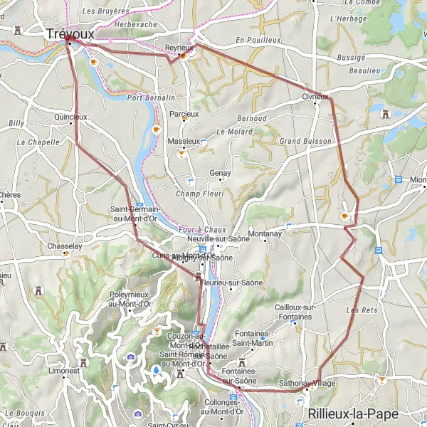 Miniature de la carte de l'inspiration cycliste "Boucle pittoresque de Reyrieux" dans la Rhône-Alpes, France. Générée par le planificateur d'itinéraire cycliste Tarmacs.app