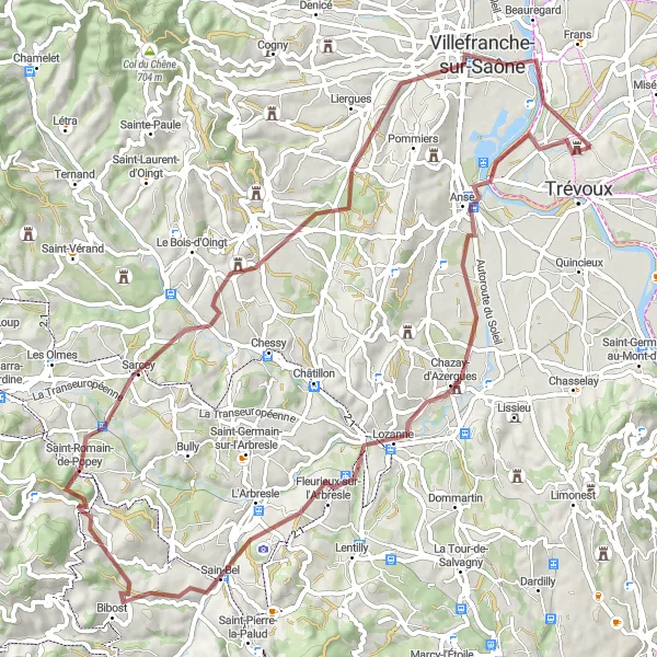 Miniature de la carte de l'inspiration cycliste "Circuit de Chazay-d'Azergues" dans la Rhône-Alpes, France. Générée par le planificateur d'itinéraire cycliste Tarmacs.app