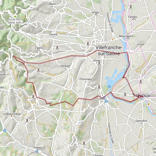 Miniaturní mapa "Přírodní cyklistická trasa kolem Trévoux" inspirace pro cyklisty v oblasti Rhône-Alpes, France. Vytvořeno pomocí plánovače tras Tarmacs.app