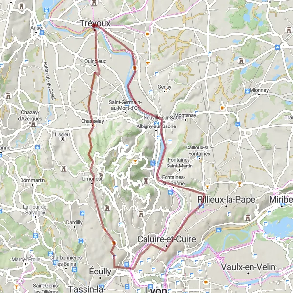 Miniature de la carte de l'inspiration cycliste "Exploration de Caluire-et-Cuire" dans la Rhône-Alpes, France. Générée par le planificateur d'itinéraire cycliste Tarmacs.app