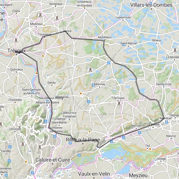 Miniature de la carte de l'inspiration cycliste "Parcours panoramique de Trévoux" dans la Rhône-Alpes, France. Générée par le planificateur d'itinéraire cycliste Tarmacs.app
