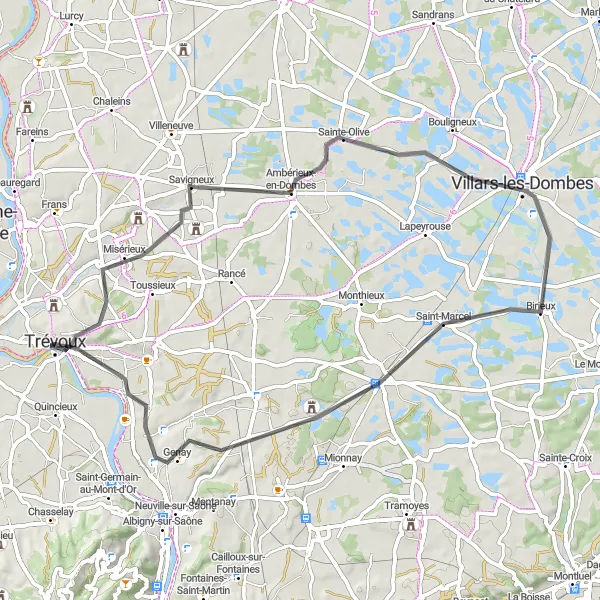 Miniature de la carte de l'inspiration cycliste "Boucle des Dombes" dans la Rhône-Alpes, France. Générée par le planificateur d'itinéraire cycliste Tarmacs.app
