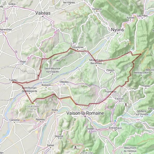 Map miniature of "Gravel Adventure to Mirabel-aux-Baronnies and Saint-Roman-de-Malegarde" cycling inspiration in Rhône-Alpes, France. Generated by Tarmacs.app cycling route planner