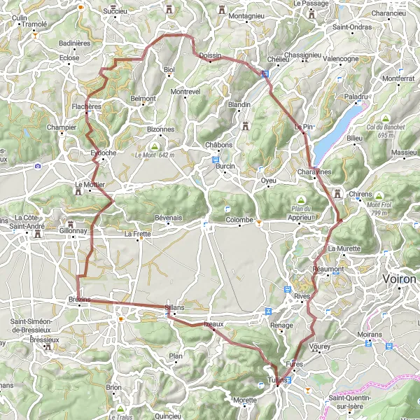 Map miniature of "Col de Parménie - Tullins Gravel Adventure" cycling inspiration in Rhône-Alpes, France. Generated by Tarmacs.app cycling route planner