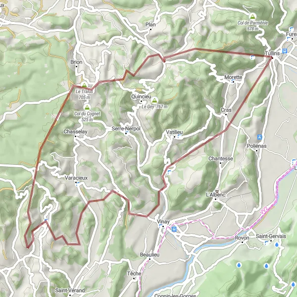 Map miniature of "Gravel Ride: Explore Col de Cassière and L'Eslinard from Tullins" cycling inspiration in Rhône-Alpes, France. Generated by Tarmacs.app cycling route planner