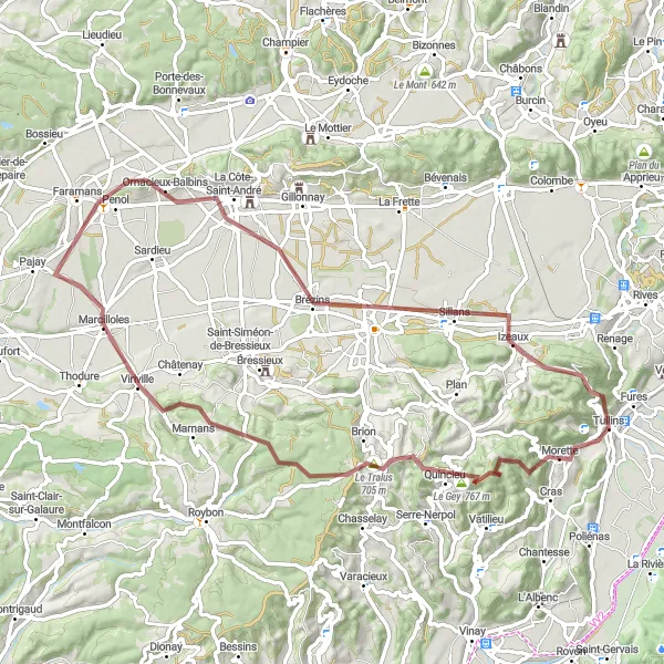 Map miniature of "Gravel Ride: Le Gey to Col de Parménie Adventure near Tullins" cycling inspiration in Rhône-Alpes, France. Generated by Tarmacs.app cycling route planner