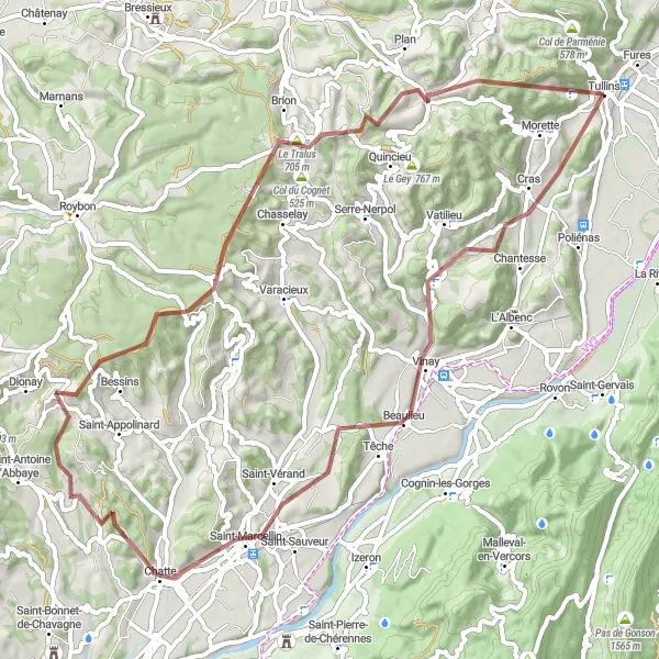 Miniatua del mapa de inspiración ciclista "Aventura off-road por los alrededores de Tullins" en Rhône-Alpes, France. Generado por Tarmacs.app planificador de rutas ciclistas