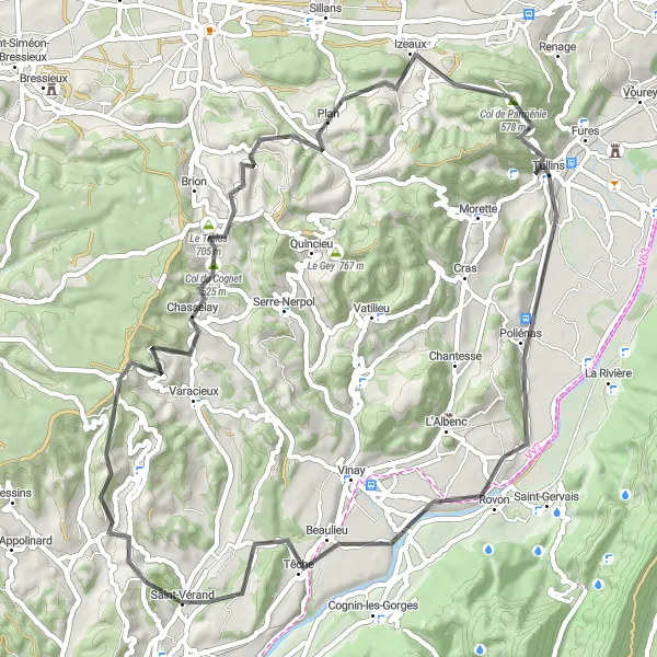 Map miniature of "Road Cycling: Explore Rovon and Col du Cognet from Tullins" cycling inspiration in Rhône-Alpes, France. Generated by Tarmacs.app cycling route planner