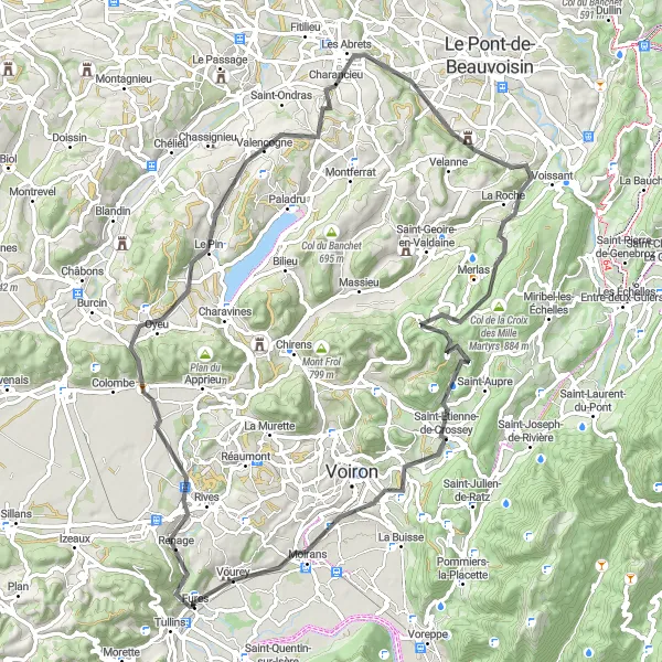 Map miniature of "Oyeu - Tullins Loop" cycling inspiration in Rhône-Alpes, France. Generated by Tarmacs.app cycling route planner