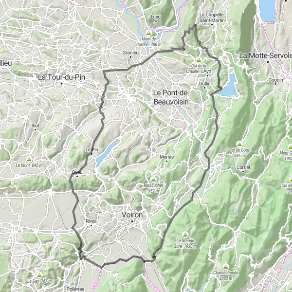 Miniatua del mapa de inspiración ciclista "Gran circuito montañoso desde Tullins" en Rhône-Alpes, France. Generado por Tarmacs.app planificador de rutas ciclistas