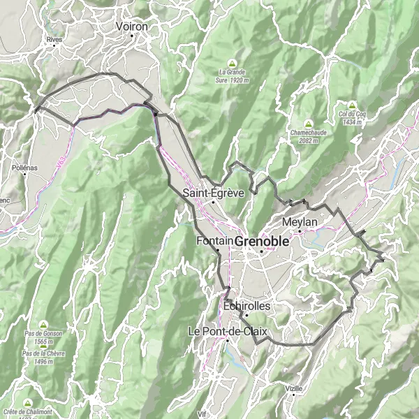 Miniatua del mapa de inspiración ciclista "Ascenso desafiante por Tullins y alrededores" en Rhône-Alpes, France. Generado por Tarmacs.app planificador de rutas ciclistas