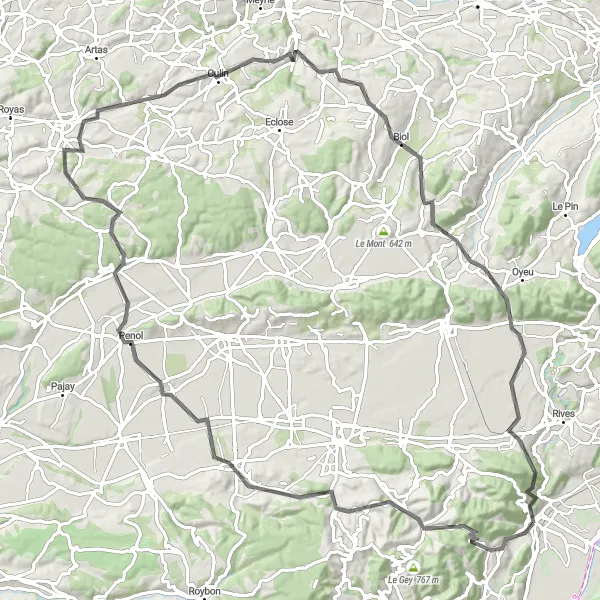 Miniatua del mapa de inspiración ciclista "Reto en carretera a través de Morette hasta Renage" en Rhône-Alpes, France. Generado por Tarmacs.app planificador de rutas ciclistas