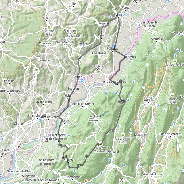 Map miniature of "Poliénas - Tullins Scenic Road Trip" cycling inspiration in Rhône-Alpes, France. Generated by Tarmacs.app cycling route planner