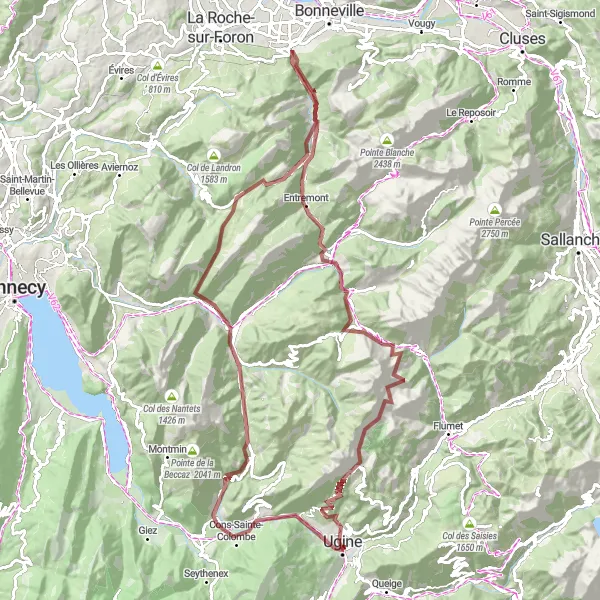 Miniatua del mapa de inspiración ciclista "Ruta de grava a través de Saint-Ferréol y La Clusaz" en Rhône-Alpes, France. Generado por Tarmacs.app planificador de rutas ciclistas