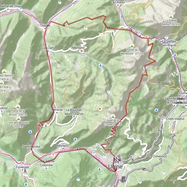 Miniatua del mapa de inspiración ciclista "Ruta de grava a través de Marlens y Pointe de Beauregard" en Rhône-Alpes, France. Generado por Tarmacs.app planificador de rutas ciclistas