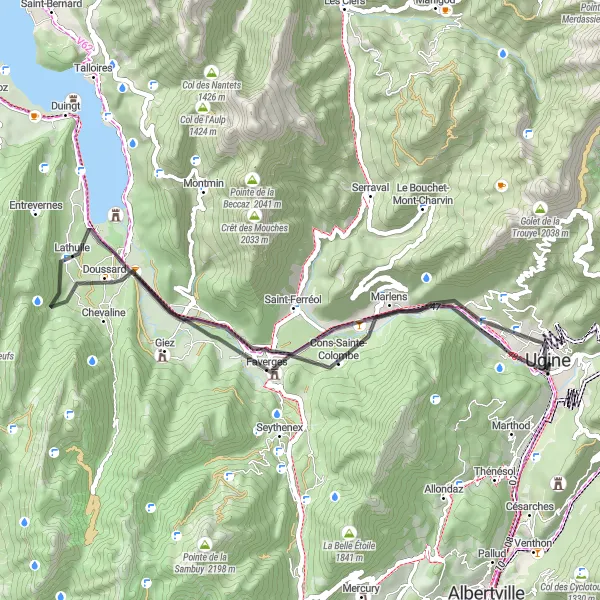 Miniatura della mappa di ispirazione al ciclismo "Breve escursione in bicicletta da Ugine a Les Chaboux" nella regione di Rhône-Alpes, France. Generata da Tarmacs.app, pianificatore di rotte ciclistiche