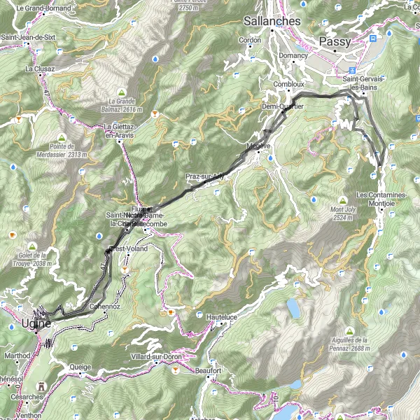 Map miniature of "Ugine to Flumet Loop" cycling inspiration in Rhône-Alpes, France. Generated by Tarmacs.app cycling route planner