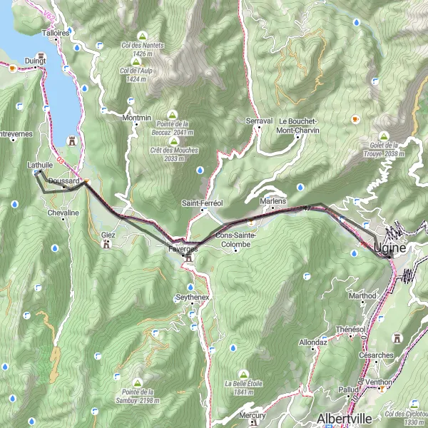 Zemljevid v pomanjšavi "42 km cestna kolesarska pot v bližini Ugine" kolesarske inspiracije v Rhône-Alpes, France. Generirano z načrtovalcem kolesarskih poti Tarmacs.app