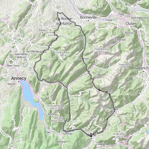 Miniatua del mapa de inspiración ciclista "Tour en bicicleta de carretera con ascenso en Ugine" en Rhône-Alpes, France. Generado por Tarmacs.app planificador de rutas ciclistas