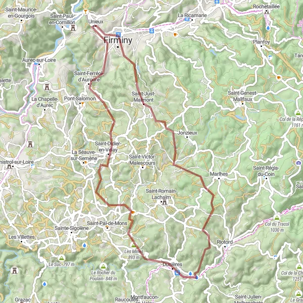 Miniaturní mapa "Gravel Unieux Circuit" inspirace pro cyklisty v oblasti Rhône-Alpes, France. Vytvořeno pomocí plánovače tras Tarmacs.app