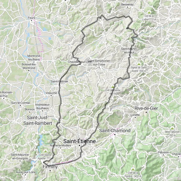 Karttaminiaatyyri "Unieux - Le Chambon-Feugerolles Loop" pyöräilyinspiraatiosta alueella Rhône-Alpes, France. Luotu Tarmacs.app pyöräilyreittisuunnittelijalla