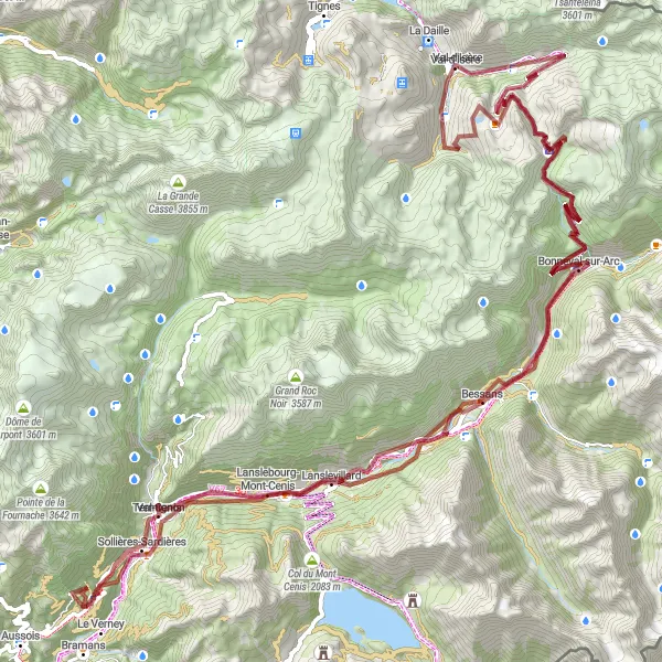 Karttaminiaatyyri "Pyöräilyreitti Val-d'Isèren läheisyydestä: Col de l'Iseran kiertue" pyöräilyinspiraatiosta alueella Rhône-Alpes, France. Luotu Tarmacs.app pyöräilyreittisuunnittelijalla