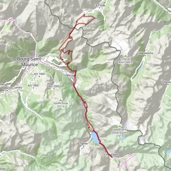 Zemljevid v pomanjšavi "Uživaški gravel krog v okolici Val-d'Isère" kolesarske inspiracije v Rhône-Alpes, France. Generirano z načrtovalcem kolesarskih poti Tarmacs.app