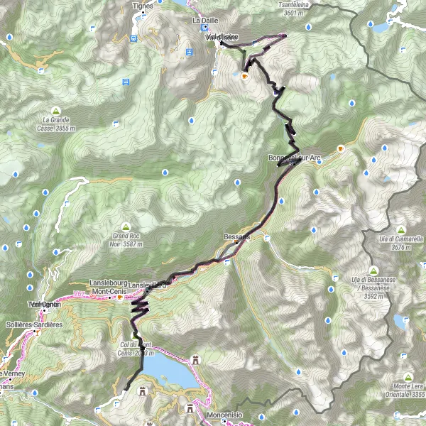 Zemljevid v pomanjšavi "Čudovit road krog okoli Val-d'Isère" kolesarske inspiracije v Rhône-Alpes, France. Generirano z načrtovalcem kolesarskih poti Tarmacs.app