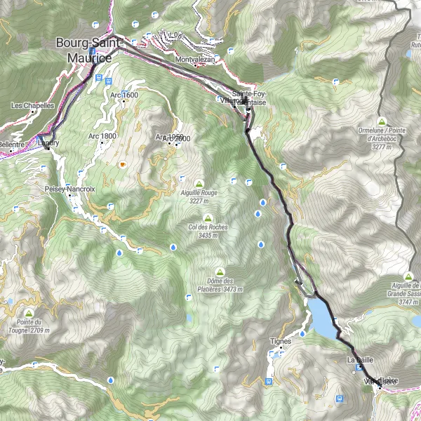 Map miniature of "Val-d'Isère to La Reculaz" cycling inspiration in Rhône-Alpes, France. Generated by Tarmacs.app cycling route planner