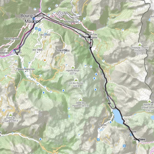 Miniatuurkaart van de fietsinspiratie "Wegrit door Bourg-Saint-Maurice en La Daille" in Rhône-Alpes, France. Gemaakt door de Tarmacs.app fietsrouteplanner