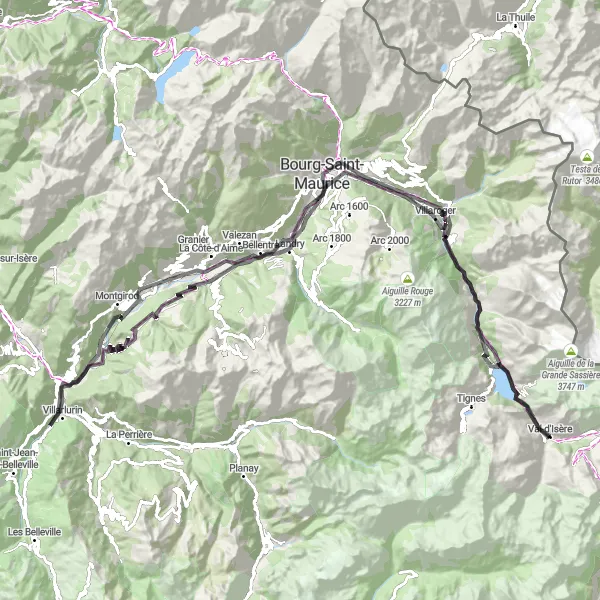 Zemljevid v pomanjšavi "Pustolovski kolesarski izziv v okolici Val-d'Isère" kolesarske inspiracije v Rhône-Alpes, France. Generirano z načrtovalcem kolesarskih poti Tarmacs.app