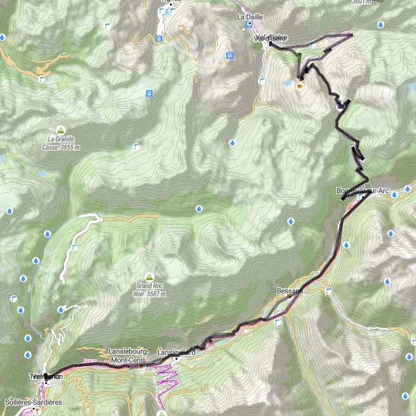 Karttaminiaatyyri "Val-d'Isère - Col de la Iseran - Val-d'Isère" pyöräilyinspiraatiosta alueella Rhône-Alpes, France. Luotu Tarmacs.app pyöräilyreittisuunnittelijalla