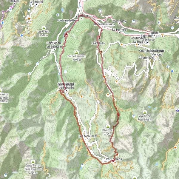 Mapa miniatúra "Les Menuires - Villarlurin gravel adventure" cyklistická inšpirácia v Rhône-Alpes, France. Vygenerované cyklistickým plánovačom trás Tarmacs.app