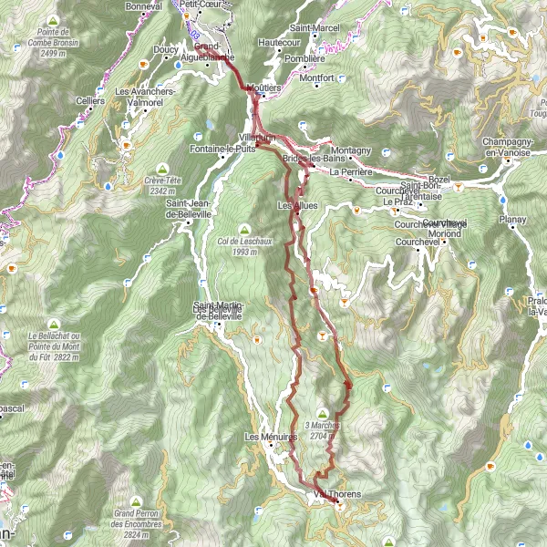 Miniaturní mapa "Opuštěná a úchvatná cesta Val Thorens" inspirace pro cyklisty v oblasti Rhône-Alpes, France. Vytvořeno pomocí plánovače tras Tarmacs.app