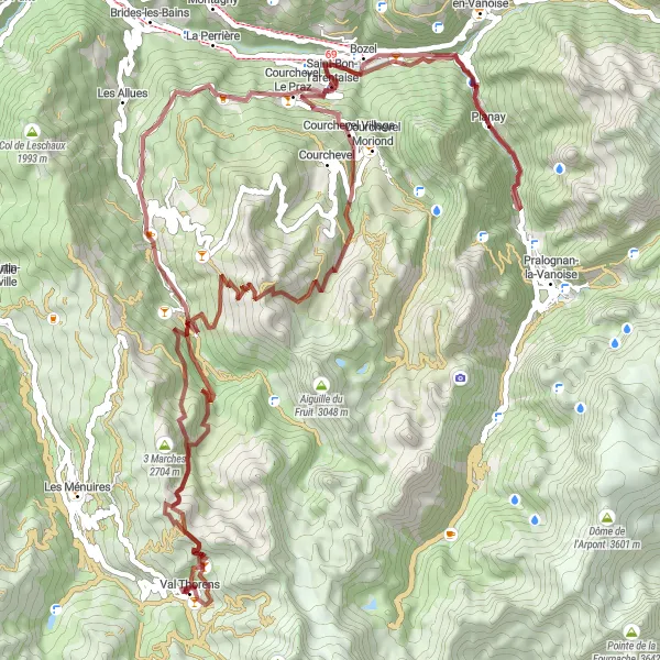 Mapa miniatúra "Gravelová trasa okolo Val Thorens" cyklistická inšpirácia v Rhône-Alpes, France. Vygenerované cyklistickým plánovačom trás Tarmacs.app