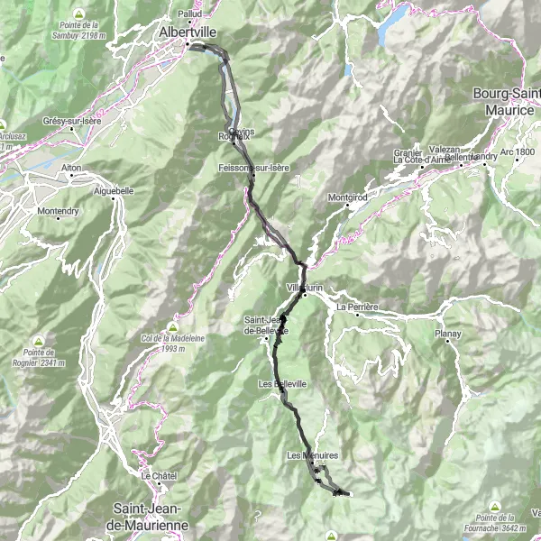 Zemljevid v pomanjšavi "Raziskovanje cest Val Thorens" kolesarske inspiracije v Rhône-Alpes, France. Generirano z načrtovalcem kolesarskih poti Tarmacs.app