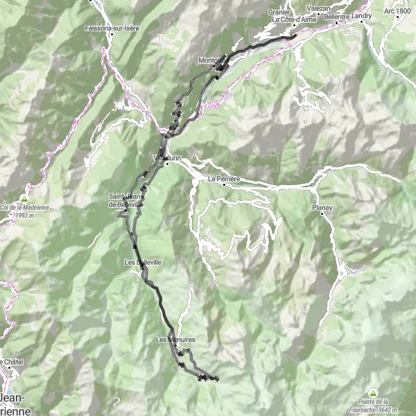 Miniatuurkaart van de fietsinspiratie "Alpine Road Expedition to Val Thorens" in Rhône-Alpes, France. Gemaakt door de Tarmacs.app fietsrouteplanner