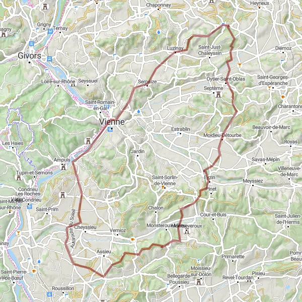 Miniatura della mappa di ispirazione al ciclismo "Percorso in bicicletta su sterrato da Valencin" nella regione di Rhône-Alpes, France. Generata da Tarmacs.app, pianificatore di rotte ciclistiche