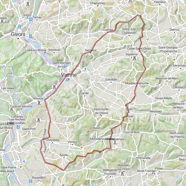 Kartminiatyr av "Grusvägscykling runt Valencin" cykelinspiration i Rhône-Alpes, France. Genererad av Tarmacs.app cykelruttplanerare