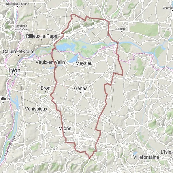 Mapa miniatúra "Exploring Mions and Pusignan on Gravel Paths" cyklistická inšpirácia v Rhône-Alpes, France. Vygenerované cyklistickým plánovačom trás Tarmacs.app